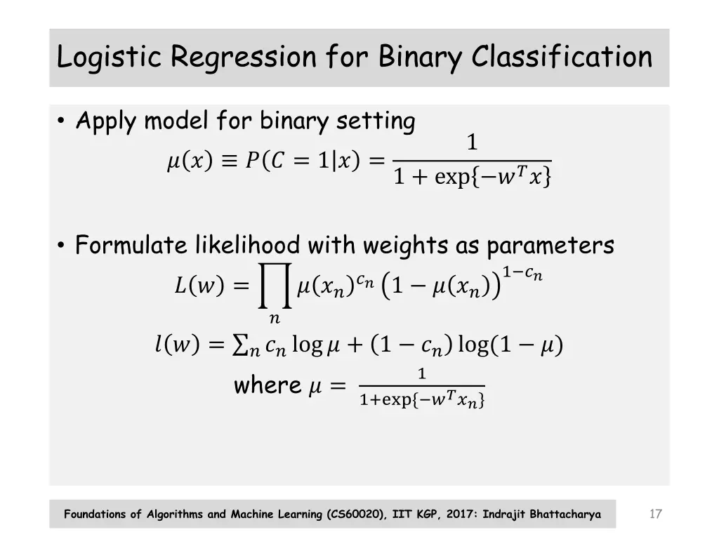 logistic regression for binary classification