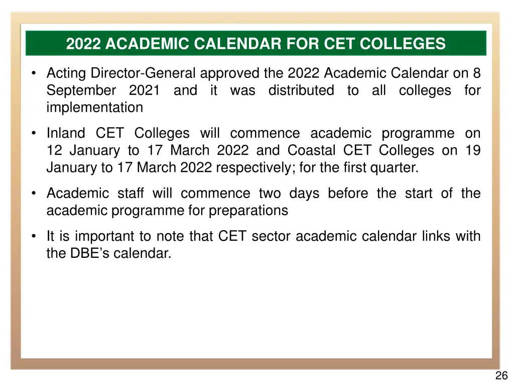 2022 academic calendar for cet colleges