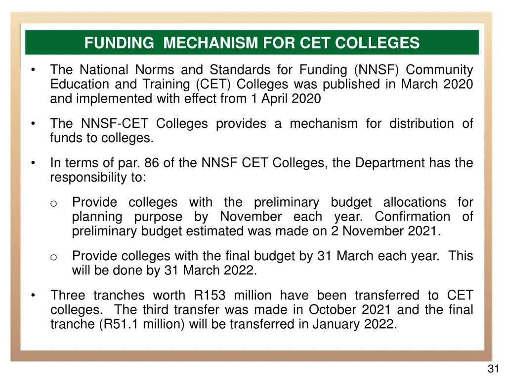 funding mechanism for cet colleges