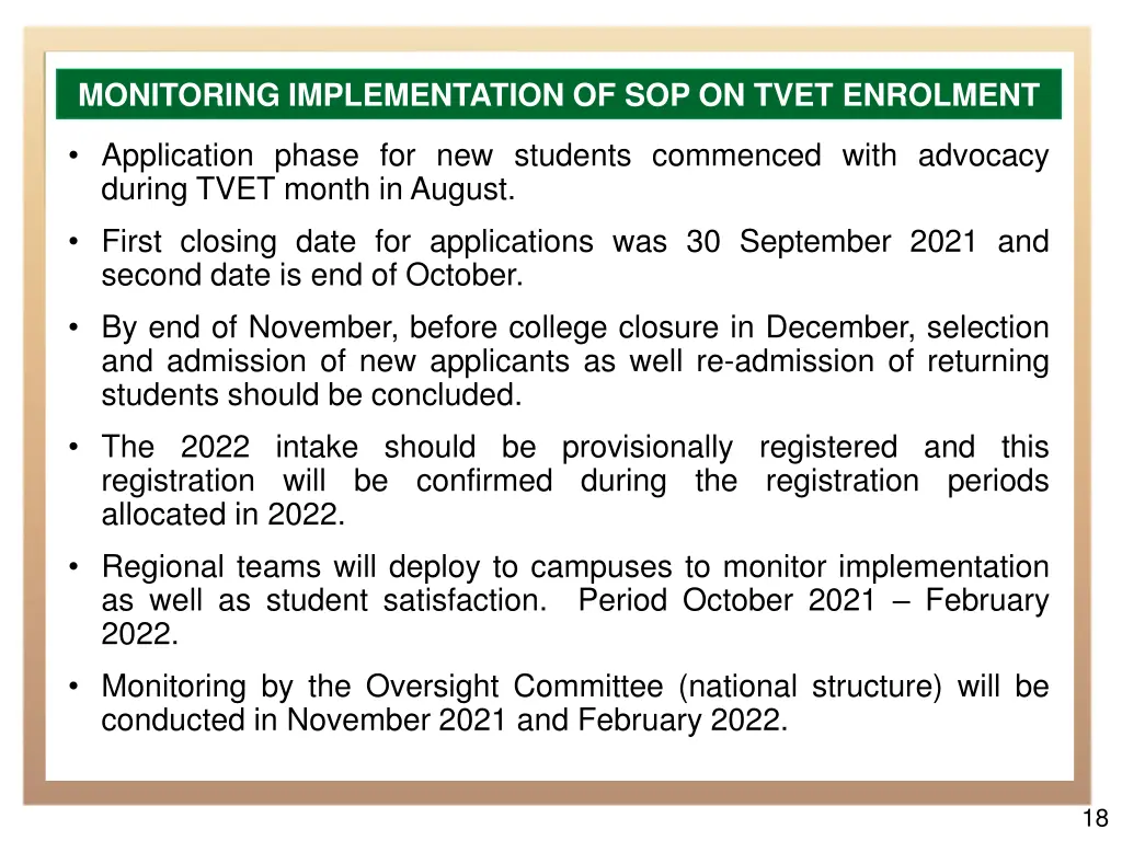 monitoring implementation of sop on tvet enrolment