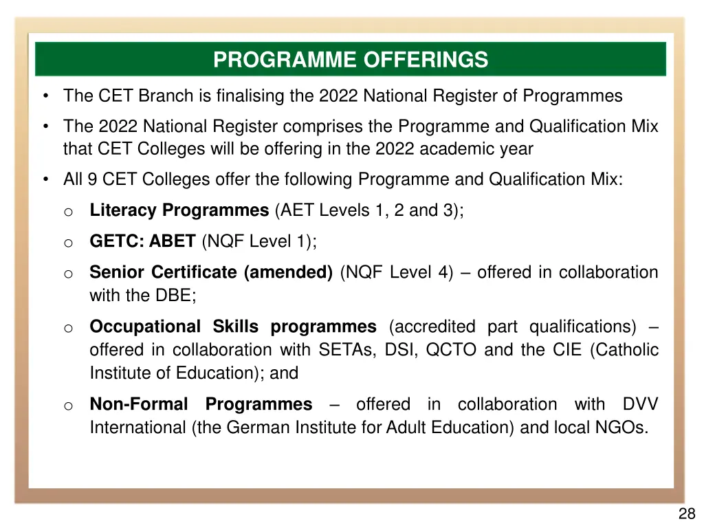 programme offerings