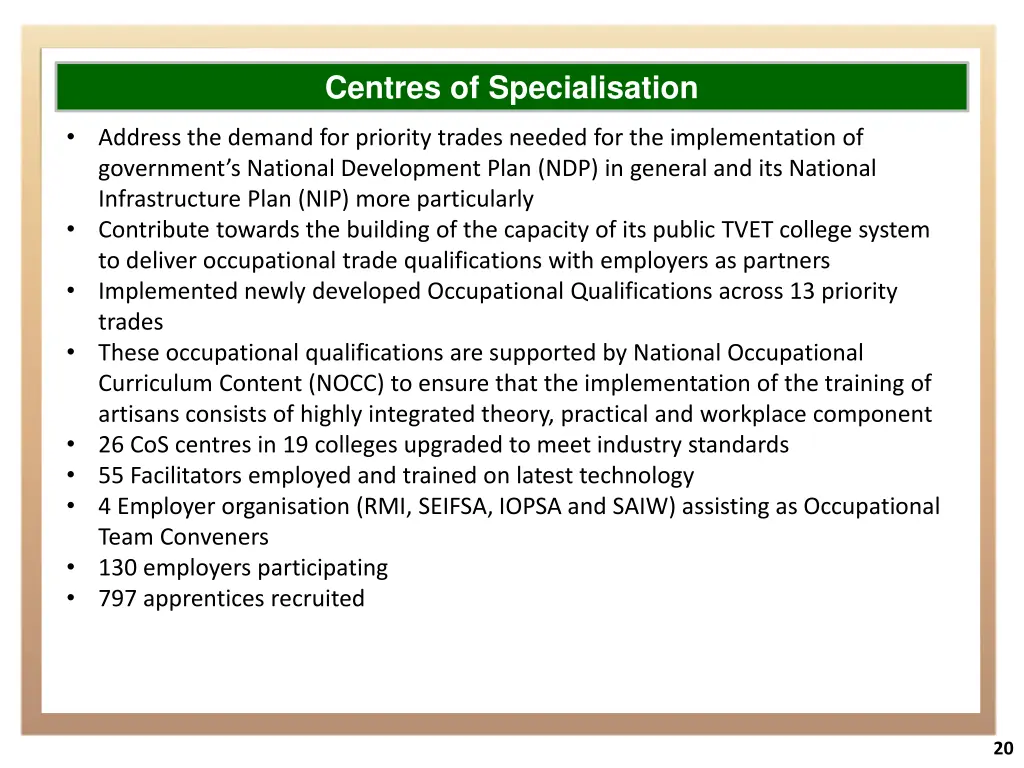 centres of specialisation