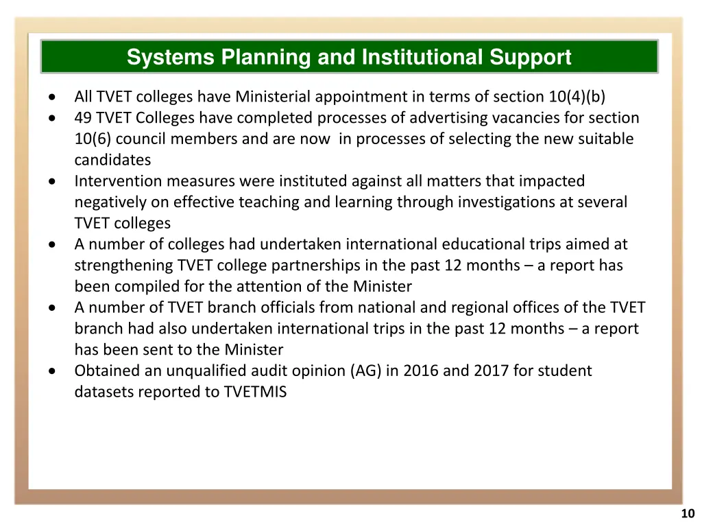 systems planning and institutional support