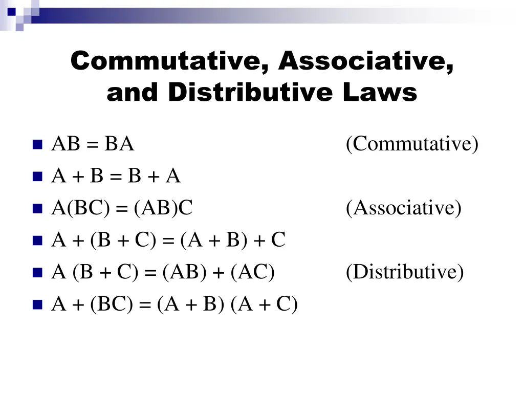 commutative associative and distributive laws