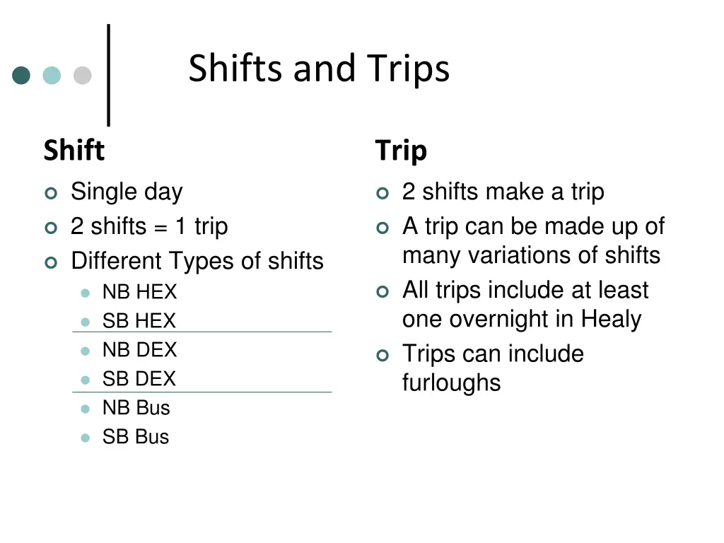 shifts and trips