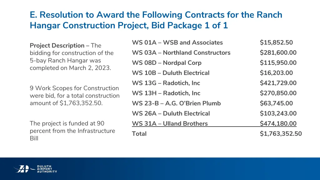 e resolution to award the following contracts