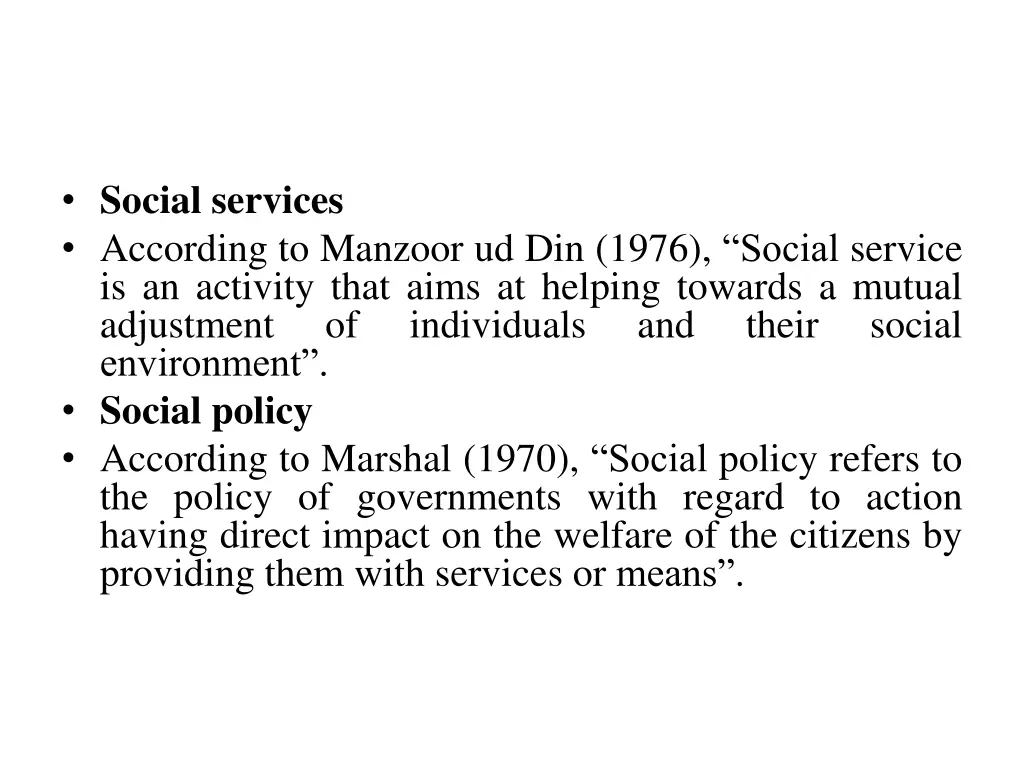 social services according to manzoor ud din 1976