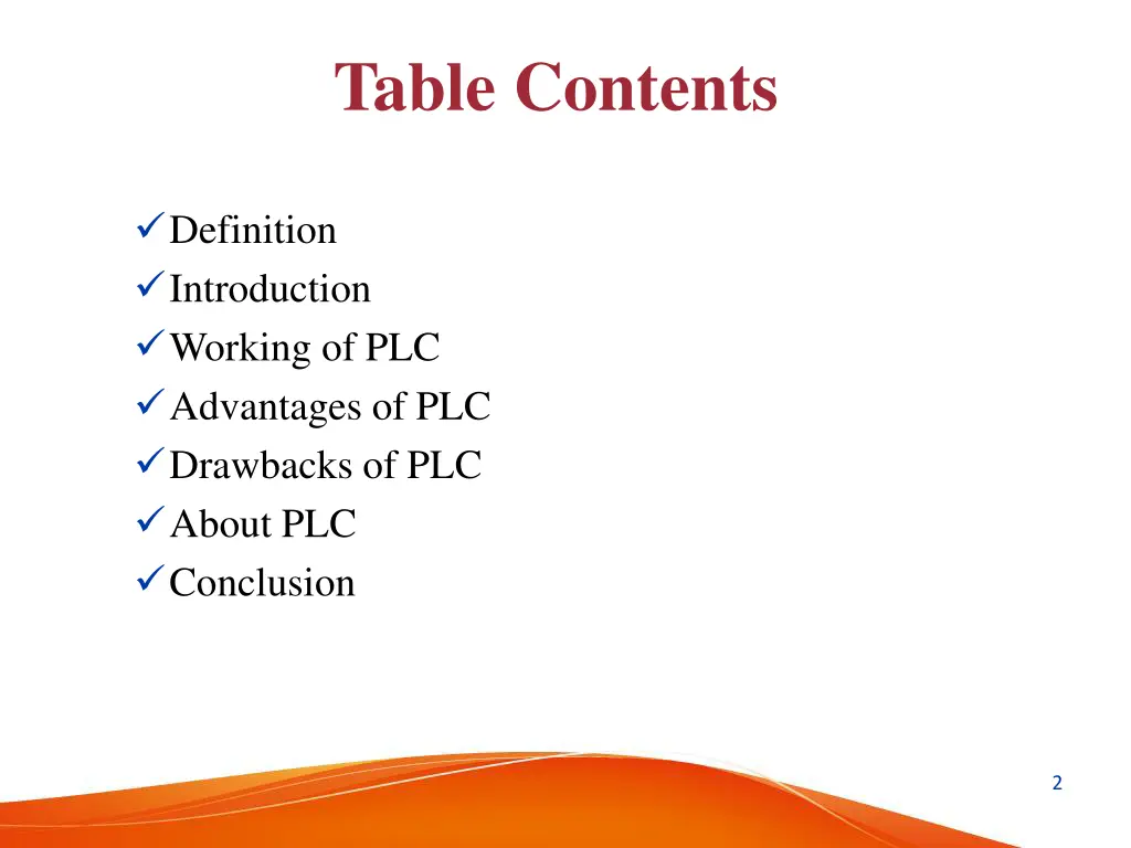 table contents