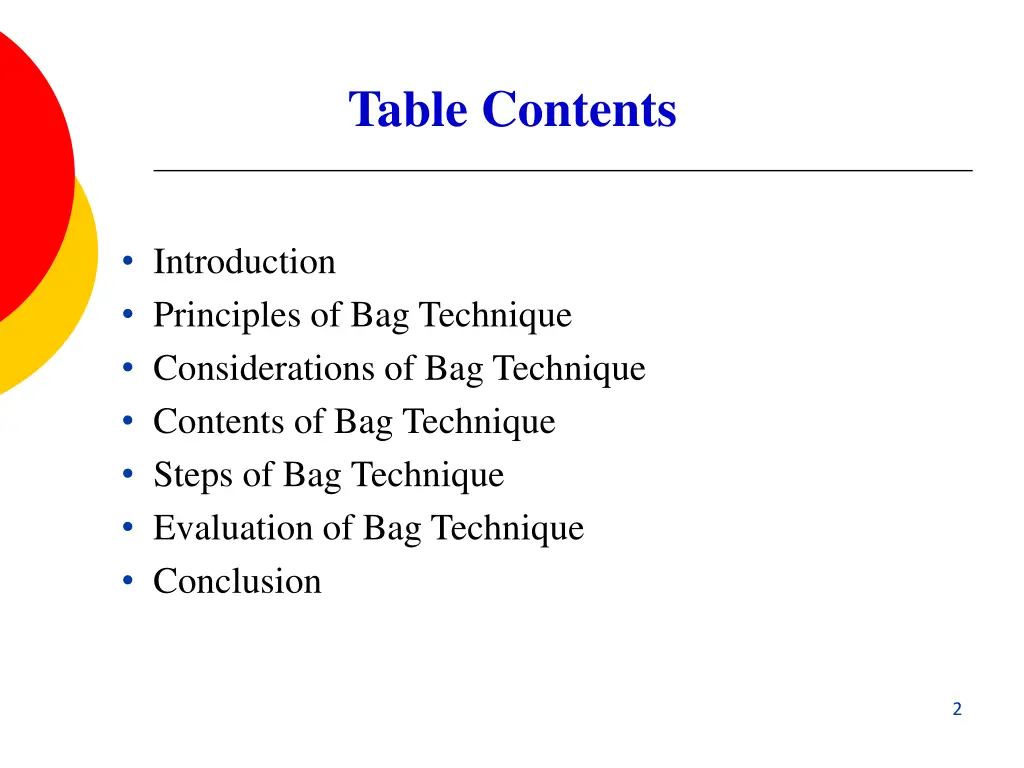 table contents