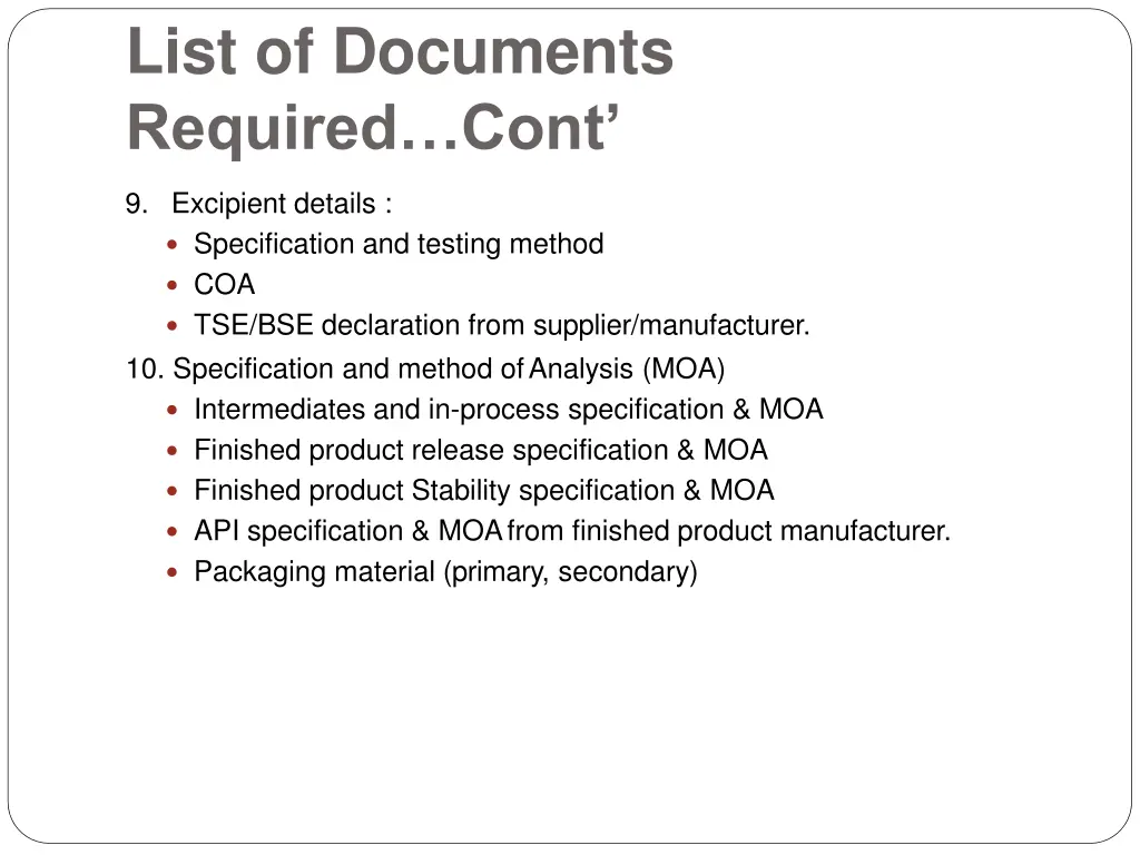 list of documents required cont