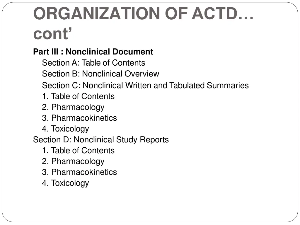 organization of actd cont part iii nonclinical