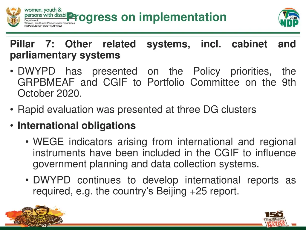 progress on implementation 10