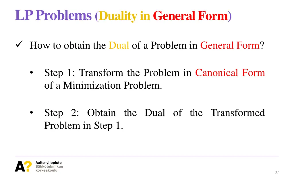 lp problems duality in general form 1