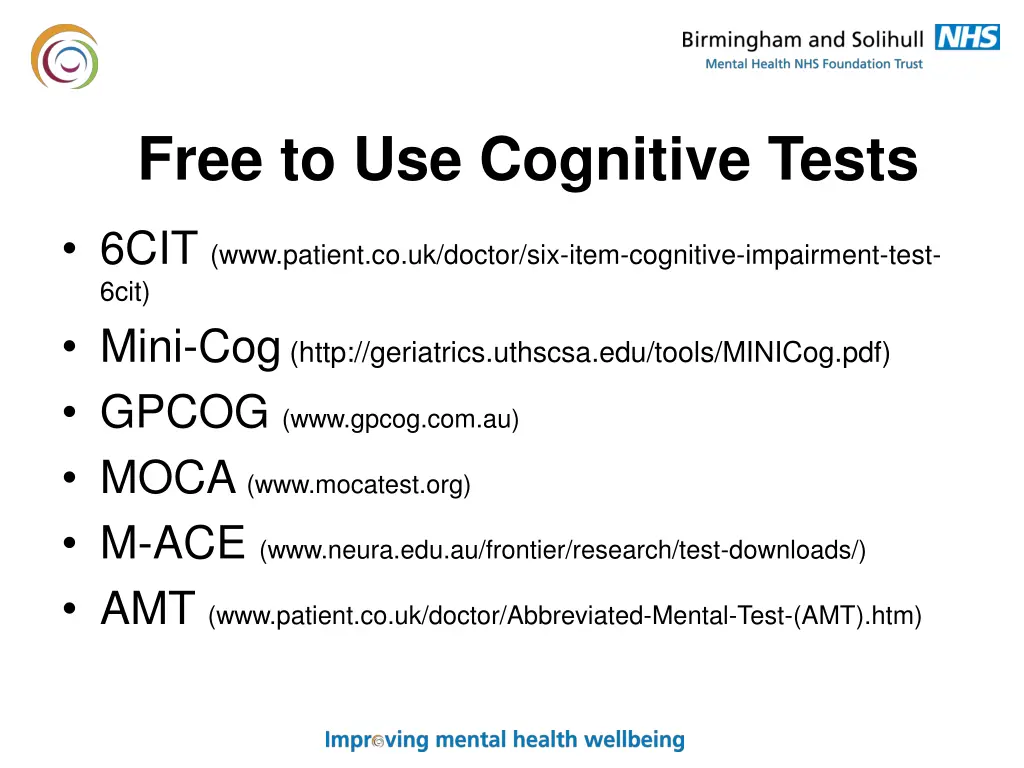 free to use cognitive tests