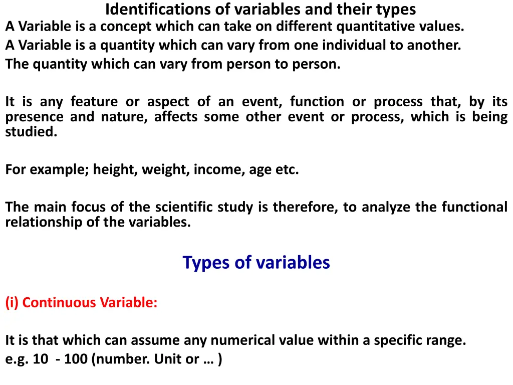 identifications of variables and their types