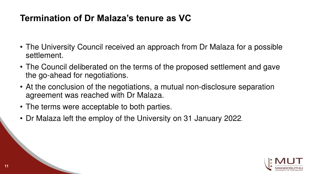 termination of dr malaza s tenure as vc