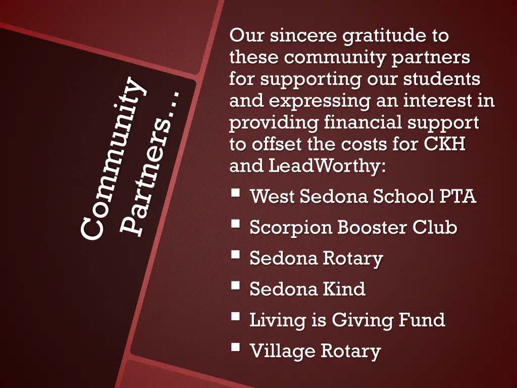 our sincere gratitude to these community partners