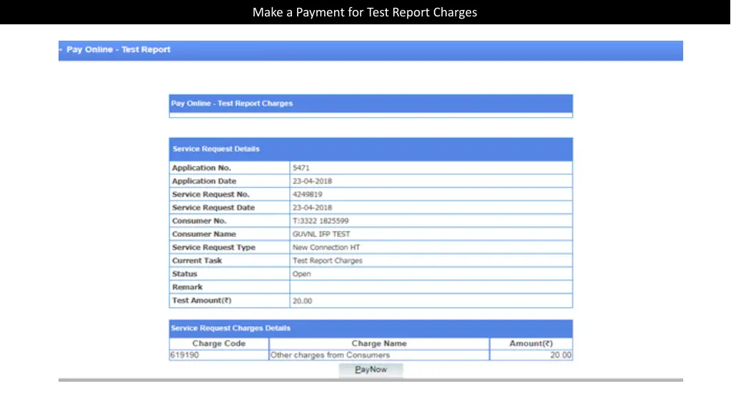 make a payment for test report charges 1