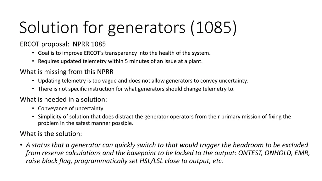 solution for generators 1085 ercot proposal nprr