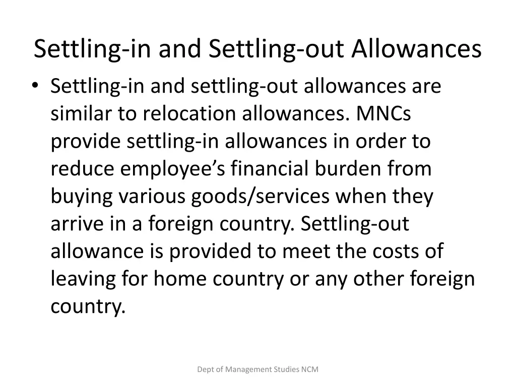 settling in and settling out allowances settling