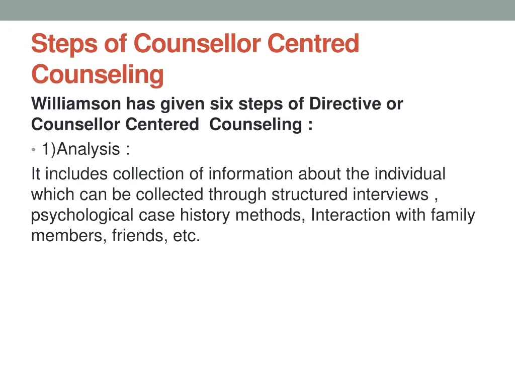 steps of counsellor centred counseling williamson