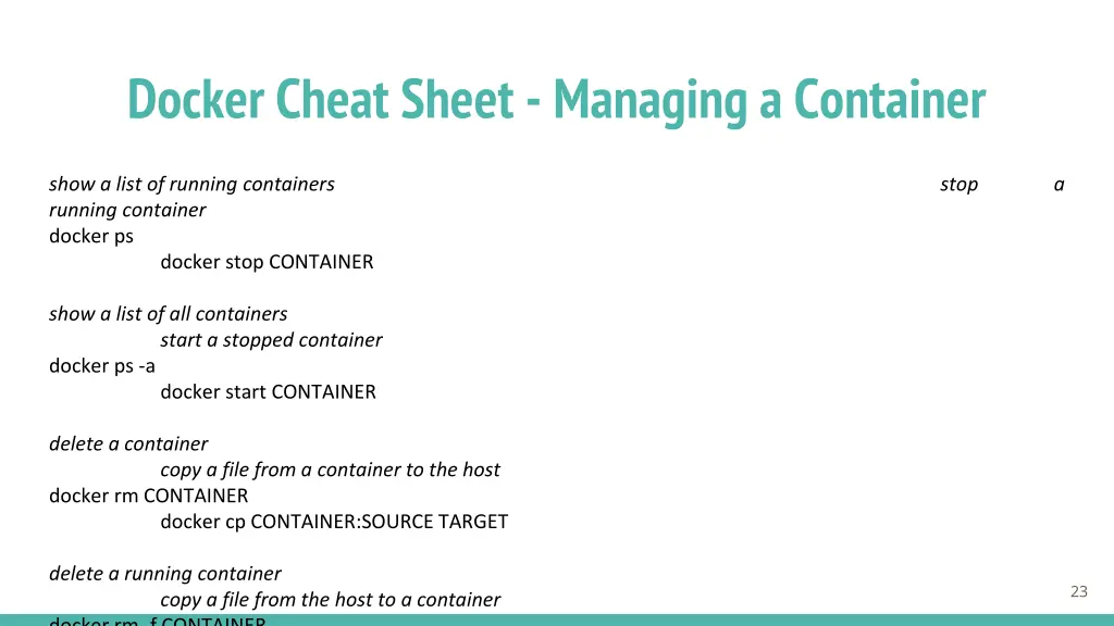 docker cheat sheet managing a container