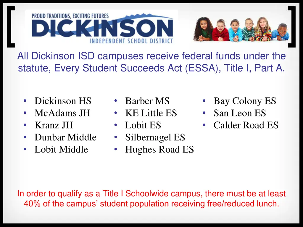 all dickinson isd campuses receive federal funds