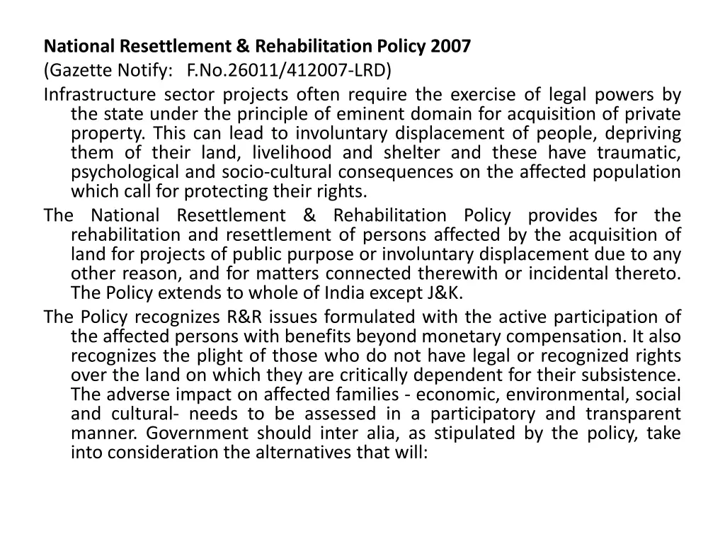 national resettlement rehabilitation policy 2007