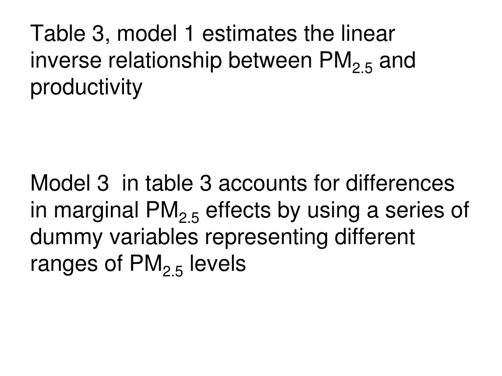 table 3 model 1 estimates the linear inverse