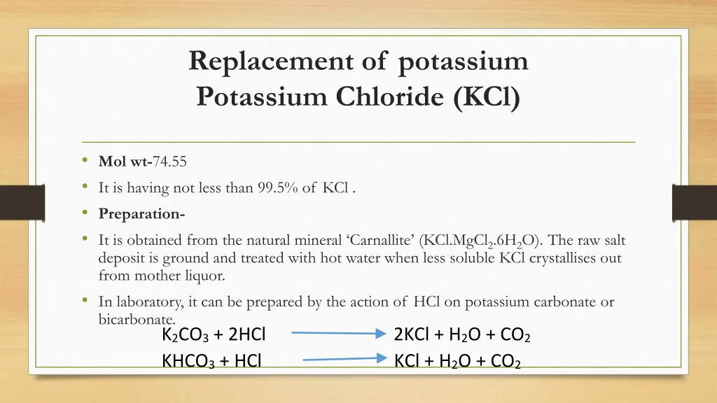 replacement of potassium potassium chloride kcl