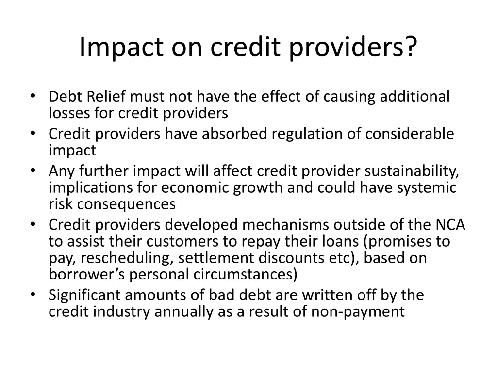 impact on credit providers