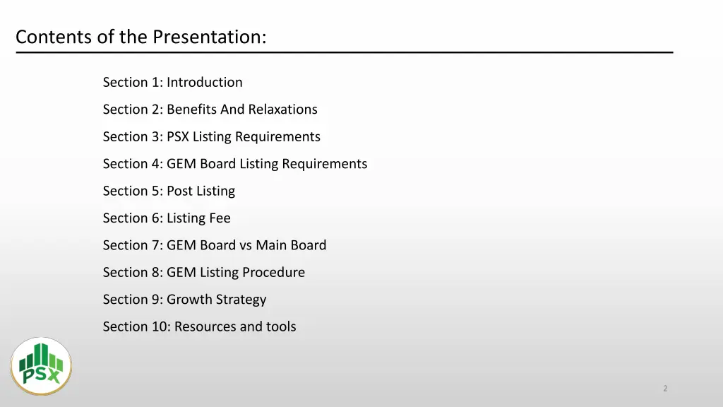 contents of the presentation