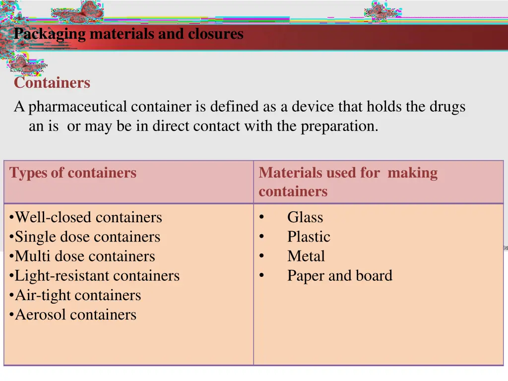 packaging materials and closures