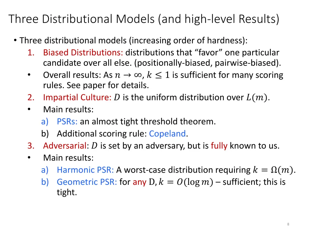 three distributional models and high level results