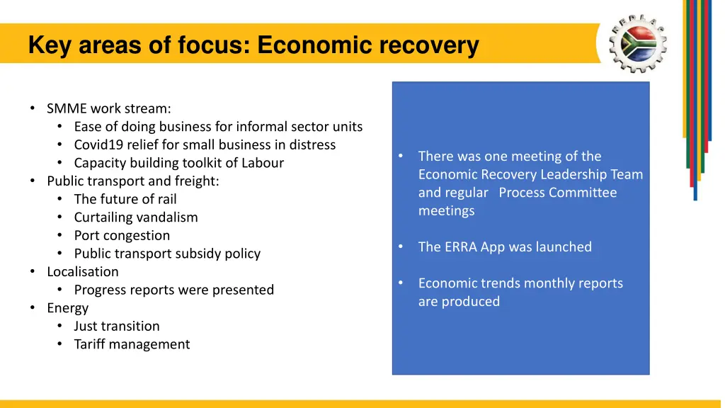 key areas of focus economic recovery