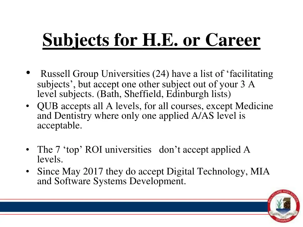 subjects for h e or career