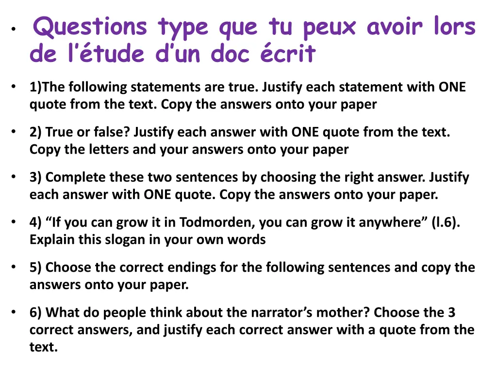 questions type que tu peux avoir lors de l tude