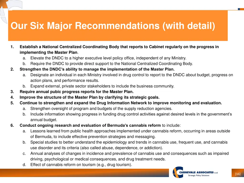 our six major recommendations with detail