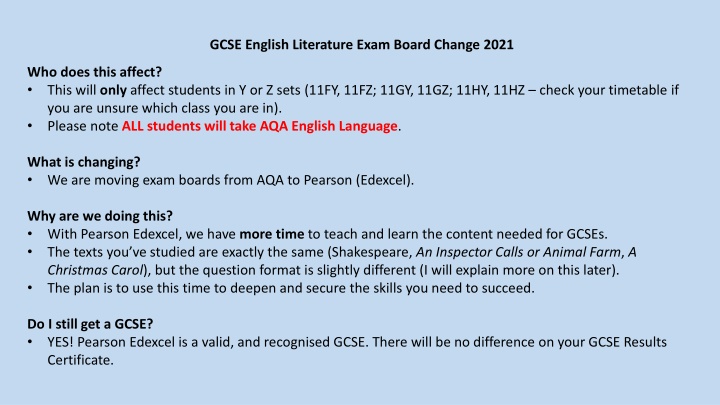 gcse english literature exam board change 2021