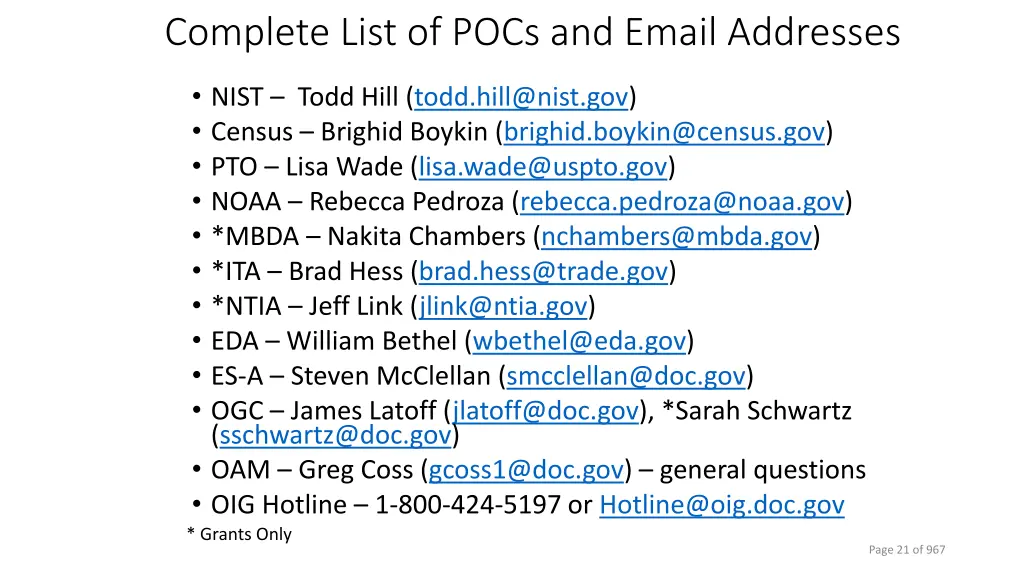 complete list of pocs and email addresses