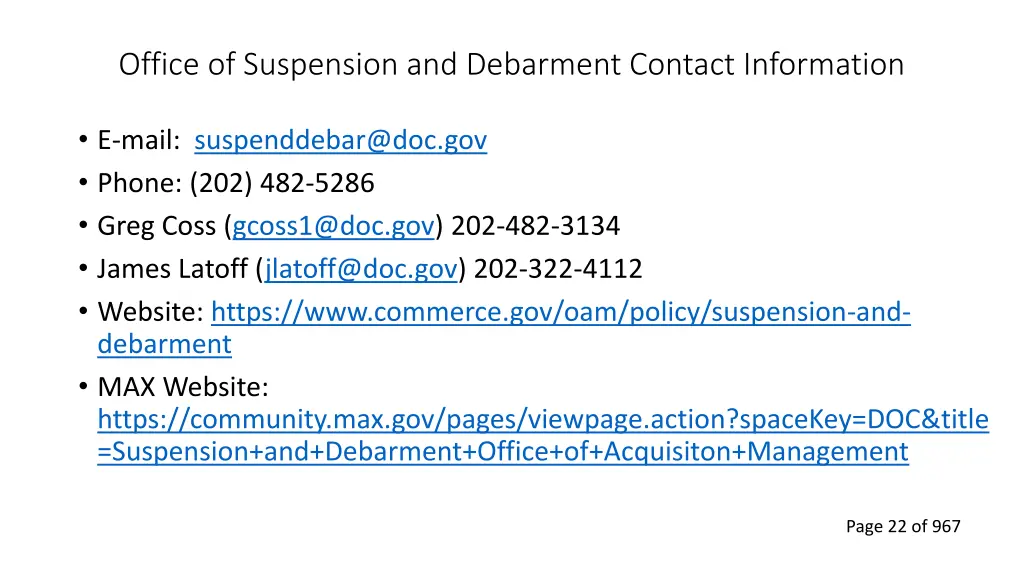 office of suspension and debarment contact