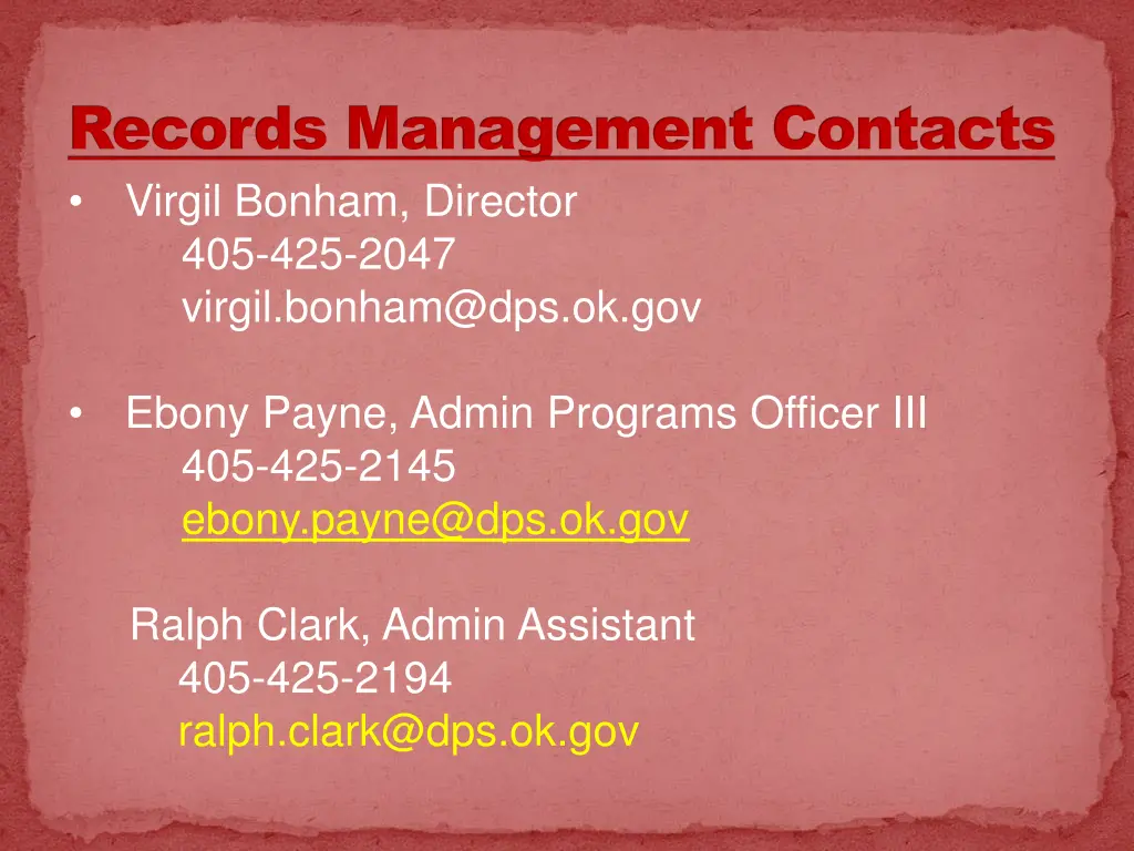 records management contacts virgil bonham