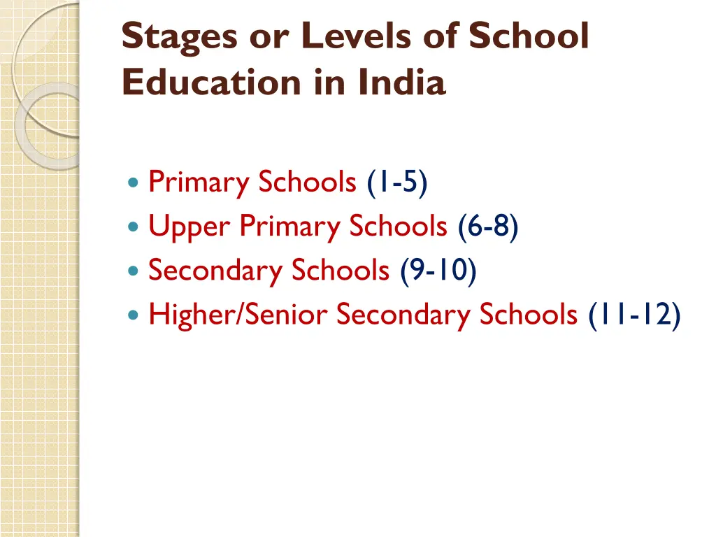 stages or levels of school education in india