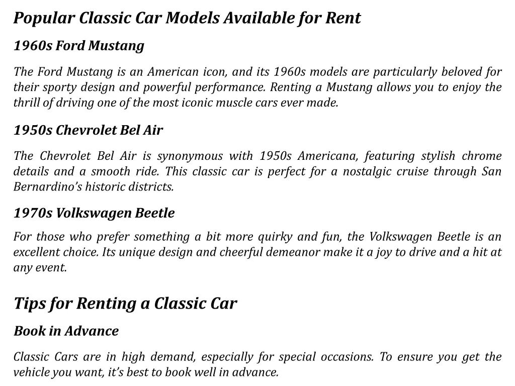 popular classic car models available for rent