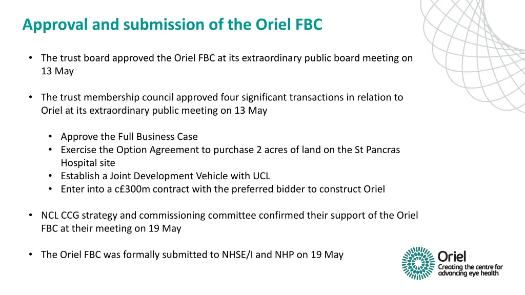 approval and submission of the oriel fbc