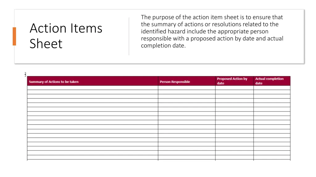 the purpose of the action item sheet is to ensure