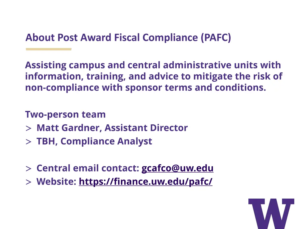 about post award fiscal compliance pafc