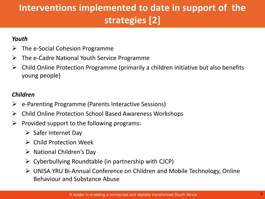 interventions implemented to date in support 1