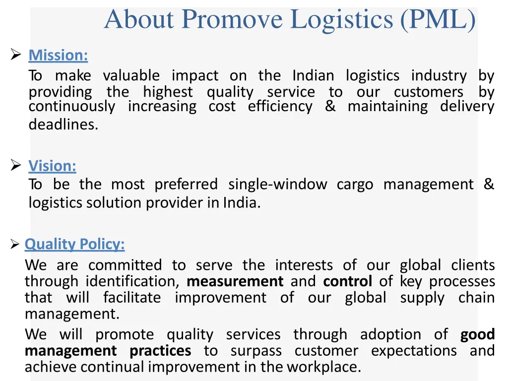 about promove logistics pml 1