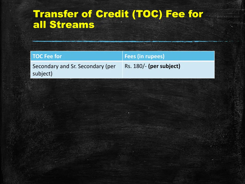 transfer of credit toc fee for all streams